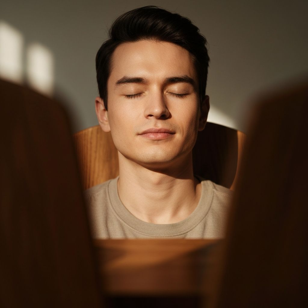 Personne avec les yeux fermés en état de relaxation, expression douce et sereine, éclairage naturel chaud