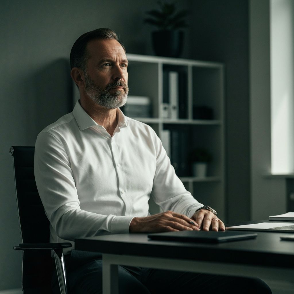 Personne regardant au loin avec concentration dans un environnement professionnel calme et bien éclairé